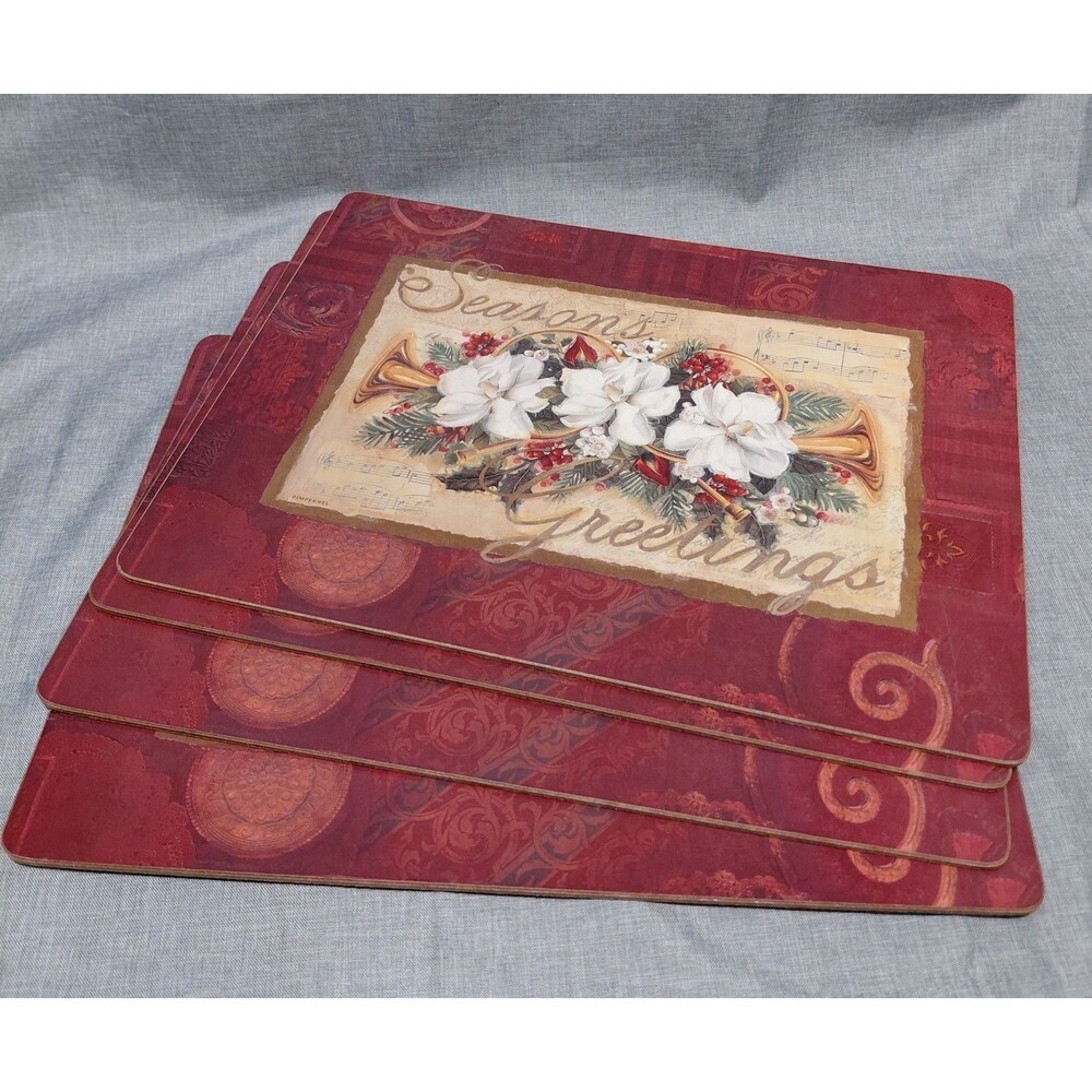 Pimpernel Christmas Seasons Greetings Hard Cork Back Placemats Magnolia Set Of 4